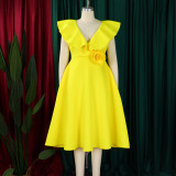 Plus Size V Neck Ruffles Big Swing Midi Dress GATE-565