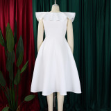 Plus Size V Neck Ruffles Big Swing Midi Dress GATE-565