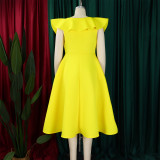 Plus Size V Neck Ruffles Big Swing Midi Dress GATE-565
