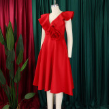Plus Size V Neck Ruffles Big Swing Midi Dress GATE-565