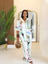 Satin Printed Short Sleeve Shirt Wide Leg Pants Casual Set SFY-664