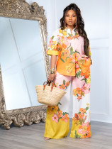 Fashion Print Shirt And Wide Leg Pants Suit SFY-665