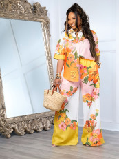 Fashion Print Shirt And Wide Leg Pants Suit SFY-665