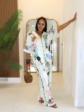 Satin Printed Short Sleeve Shirt Wide Leg Pants Casual Set SFY-664