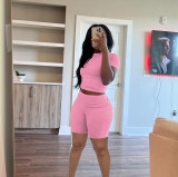 Solid Color Short Sleeve Two Piece Shorts Set QXLB-10090