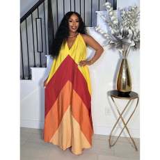 V Neck Contrast Color Loose Sleeveless Maxi Dress SFY-673