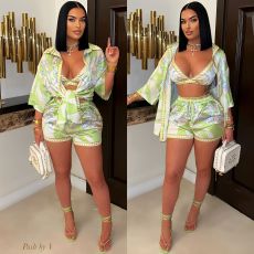 Printed Beach Swimsuit Wrap Shirt Shorts 3 Piece Set GDIM-2509