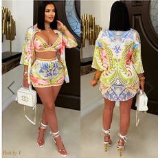 Printed Beach Swimsuit Wrap Shirt Shorts 3 Piece Set GDIM-2509