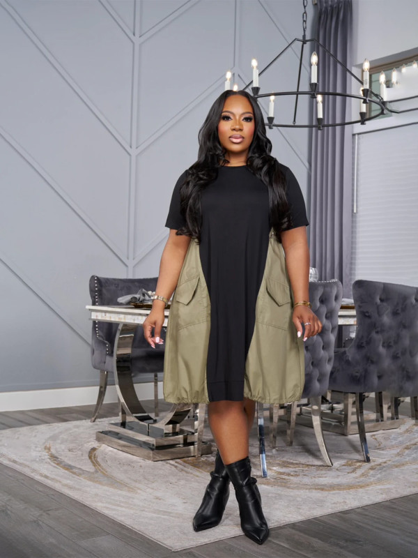 Plus Size Color Block Patchwork Midi Dress SFY-667