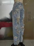 Floral Graffiti Print Holes Loose Jeans GSMJ-6981