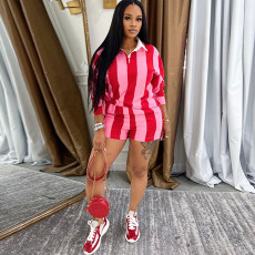 Fashion Stripe Lapel Tops Shorts 2 Piece Set GSMJ-6995
