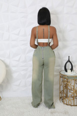Washed Denim Halter Wide Leg Jumpsuit  LX-6993