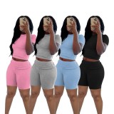 Solid Color Short Sleeve Two Piece Shorts Set QXLB-10090