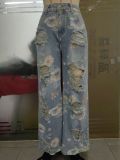 Floral Graffiti Print Holes Loose Jeans GSMJ-6981