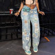 Floral Graffiti Print Holes Loose Jeans GSMJ-6981