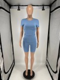 Solid Color Short Sleeve Two Piece Shorts Set QXLB-10090