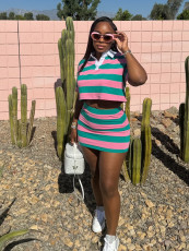 Stripe Contrast Color Crop Tops And Skirt Suit SFY-683