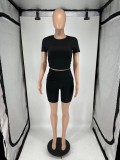 Solid Color Short Sleeve Two Piece Shorts Set QXLB-10090