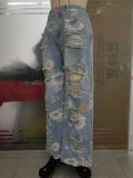 Floral Graffiti Print Holes Loose Jeans GSMJ-6981