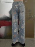 Floral Graffiti Print Holes Loose Jeans GSMJ-6981