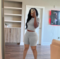 Solid Color Short Sleeve Two Piece Shorts Set QXLB-10090