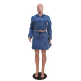 Casual Washed Denim Zipper Skirt Suit TR-1325