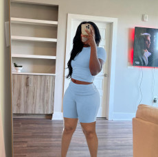 Solid Color Short Sleeve Two Piece Shorts Set QXLB-10090