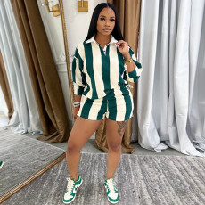 Fashion Stripe Lapel Tops Shorts 2 Piece Set GSMJ-6995
