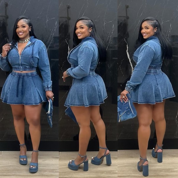 Casual Washed Denim Zipper Skirt Suit TR-1325