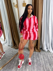 Stripe Lapel Tops Shorts Two Piece Set GFDY-1328