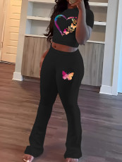 Print Short Sleeve T Shirt Pants 2 Piece Set GCNF-8787