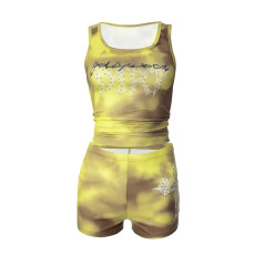 Pre Order: About 7 work days shipping Print Sleeveless Two Piece Shorts Set YUEM-30013