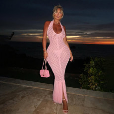 Deep V Neck Halterneck Backless Maxi Dress XEF-W25D65483