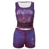 Pre Order: About 7 work days shipping Print Sleeveless Two Piece Shorts Set YUEM-30013