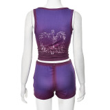 Pre Order: About 7 work days shipping Print Sleeveless Two Piece Shorts Set YUEM-30013