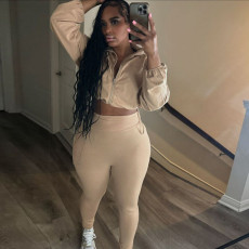 Solid Color Zipper Crop Tops And Pants Suit XEF-D24S57990
