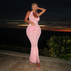 Deep V Neck Halterneck Backless Maxi Dress XEF-W25D65483