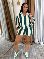 Stripe Lapel Tops Shorts Two Piece Set GFDY-1328