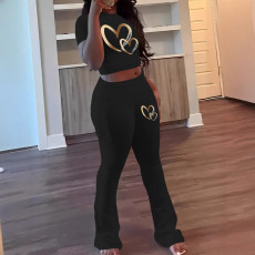 Print Short Sleeve T Shirt Pants 2 Piece Set GCNF-8787