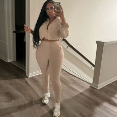 Solid Color Zipper Crop Tops And Pants Suit XEF-D24S57990