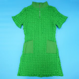 Plus Size Zipper Solid Color Short Sleeve Midi Dress NNWF-8070