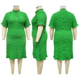Plus Size Zipper Solid Color Short Sleeve Midi Dress NNWF-8070