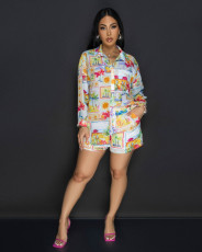 Print Long Sleeve Shirt Two Piece Short Set TE-4732