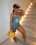 Fashion Wrap Chest Washed Denim Two Piece Skirts Set GSMJ-6993