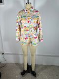 Print Long Sleeve Shirt Two Piece Short Set TE-4732
