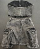 Fashion Wrap Chest Washed Denim Two Piece Skirts Set GSMJ-6993