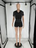 Zipper Short Sleeve Hooded Casual Two Piece Set QXLB-10130