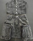 Fashion Wrap Chest Washed Denim Two Piece Skirts Set GSMJ-6993