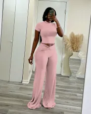 Solid Color Short Sleeve Tops Wide Leg Pants Suit QXLB-10129