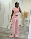 Solid Color Short Sleeve Tops Wide Leg Pants Suit QXLB-10129